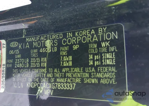 2016 Kia Sportage Ex из США, поврежденный, VIN KNDPCCACXG7833337